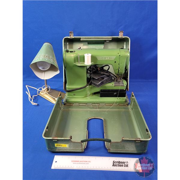Vintage Elna Supermatic Sewing Machine - Portable - Metal Case & Electric Lamp