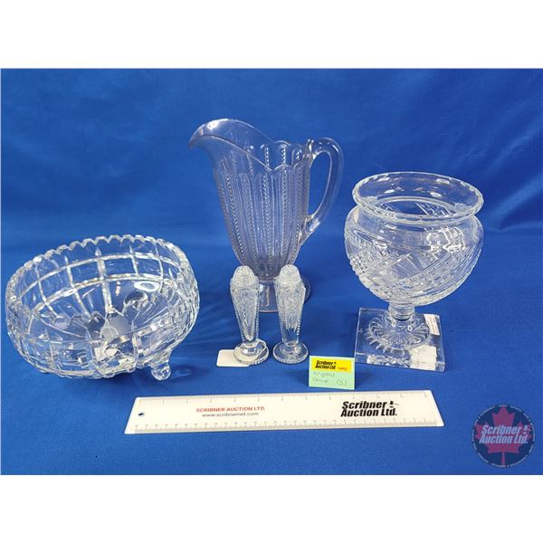 Crystal Footed Bowl, Waterford Arcade Bouquet Vase, Crystal Salt & Pepper Shakers & Cut Glass Pitche
