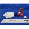 Image 1 : Vintage Fenton Milk Glass Hobnail Ruffled Dish & Fenton Cranberry Opalescent Daisy & Fern Sugar Shak