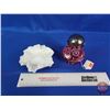 Image 2 : Vintage Fenton Milk Glass Hobnail Ruffled Dish & Fenton Cranberry Opalescent Daisy & Fern Sugar Shak