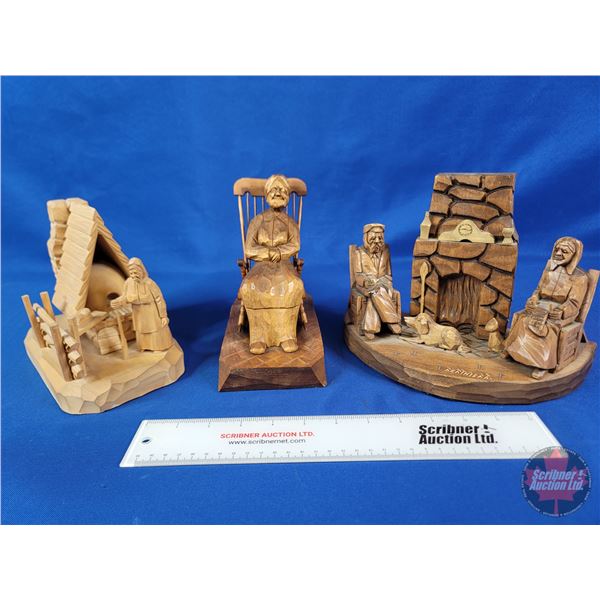 Wood Carvings (3) : Woman in Rocking Chair - Woman with Bread Oven - Man/Woman/Dog by Fireplace
