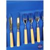 Image 8 : Silverware : Britain Fish (6 Knives / 6 Forks) Faux Ivory Handles in Case (SEE PICS!)