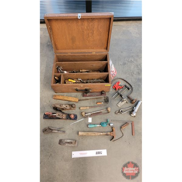 Wood Tool Chest w/ Variety of Hand Tools (9-1/4"H x 23-1/2"W x 15-1/2"D) (Note: Heavy) (SEE PICS!)  