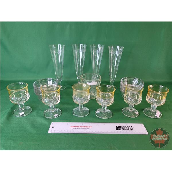 Glassware : - Vintage Pilsner Glasses (4) - Vintage Anchor Hocking Clear Custard Cups (6) - Yellow S