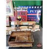 Image 2 : Collector Combo : Incl. Plastic Crate - Vintage Fishing Pole - Novelty Tin Signs - Writing Desk
