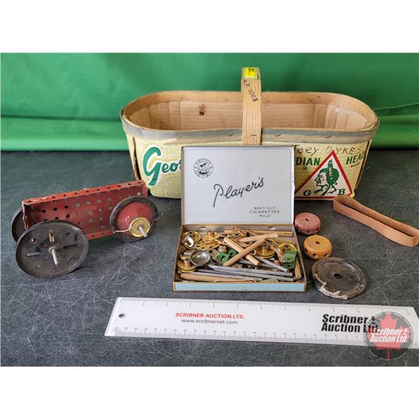 Vintage Kids Construction Toys in Apple Basket (Basket Measures 7"H) (SEE PICS!)  (Listing & Descrip