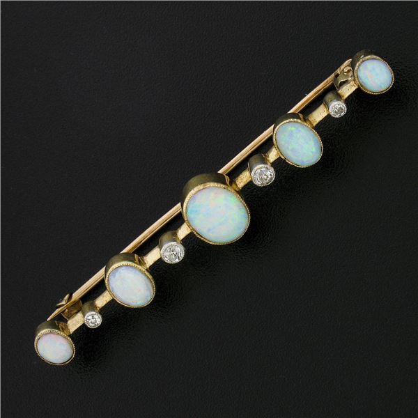 Antique Victorian 15k Gold Bezel Set Oval Cabochon Opal & Diamond Bar Pin Brooch