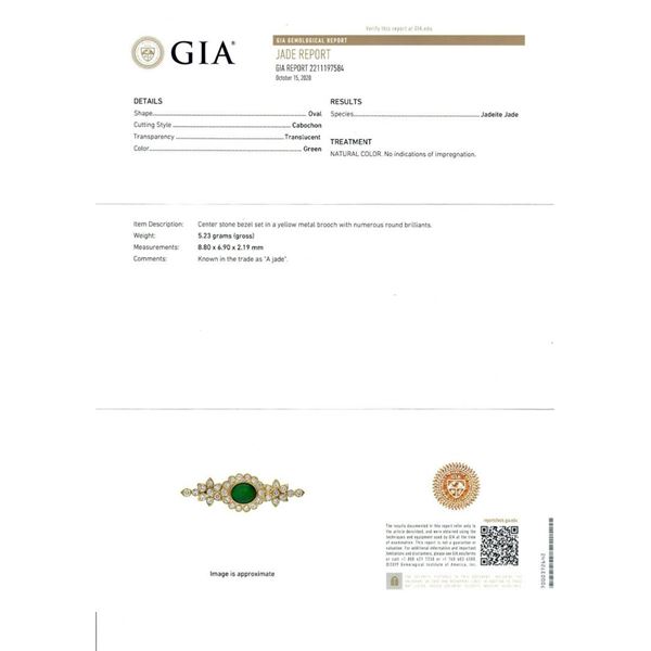 Vintage 18k Yellow Gold GIA Green Jade & 1.90 ctw Round Diamond Flower Pin Brooc
