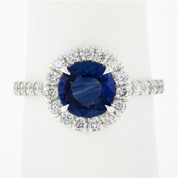 NEW Platinum 2.21 ctw GIA Ceylon Round Blue Sapphire Brilliant Diamond Halo Ring