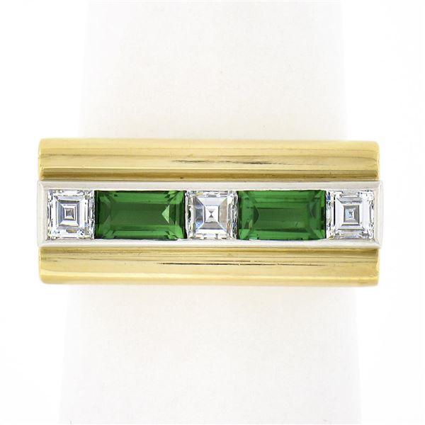 Unisex Vintage 18k Gold 1.10 ctw Baguette Tourmaline & Square Diamond Band Ring