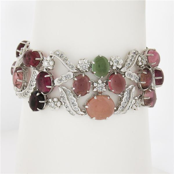 18K Gold Oval Cabochon 49.55 ctw Multi Color Tourmaline Diamond Wide Bracelet
