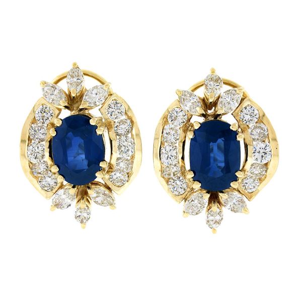 Vintage 18k Yellow Gold 12.90 ctw GIA Oval Sapphire & Diamond Statement Earrings