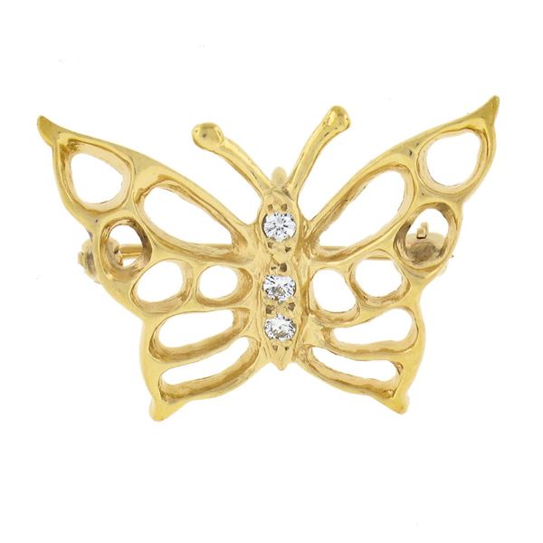 14k Gold 0.09 ctw Diamond Polished Butterfly w/ Open Work Wings Brooch Pin Penda