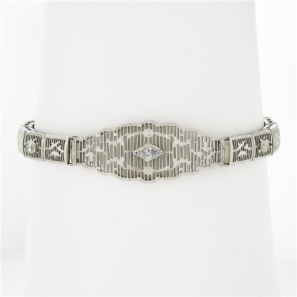 Antique Art Deco 14k White Gold 0.40 ctw Bezel Diamond Belly Filigree Bracelet
