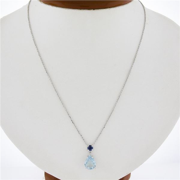 New 14k Gold 2.44 ctw Pear Aquamarine & Sapphire Pendant & Adjustable Cable Chai