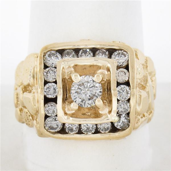 Men's Solid 14K Yellow Gold 1.26 ctw Diamond Solitaire & Halo Nugget Style Ring