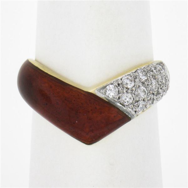 14k Yellow Gold 0.28 ctw Diamond & Red Enamel Work V Chevron Stackable Band Ring