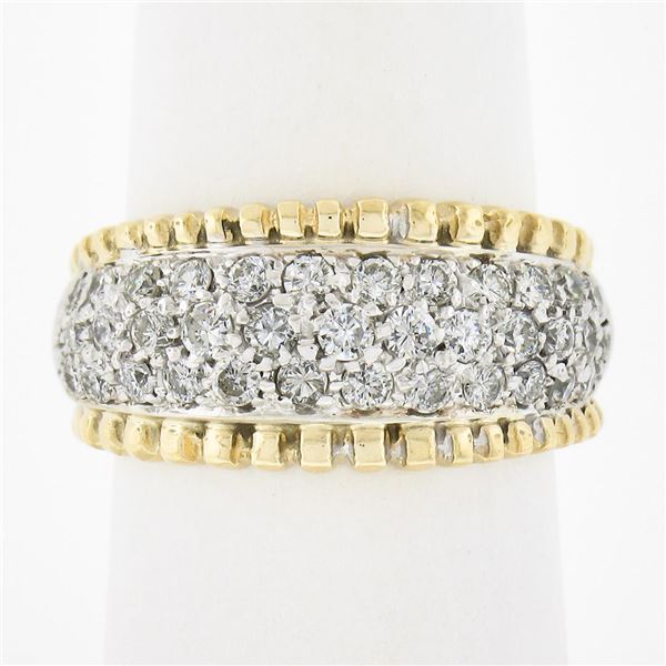 Estate 14K Two Tone Gold 1.0 ctw Round Pave Set Diamond Grooved Wide Band Ring