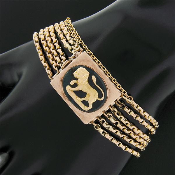 Antique Victorian 10k Gold 6 Strand Gate Link w/ Bloodstone & Gold Lion Bracelet
