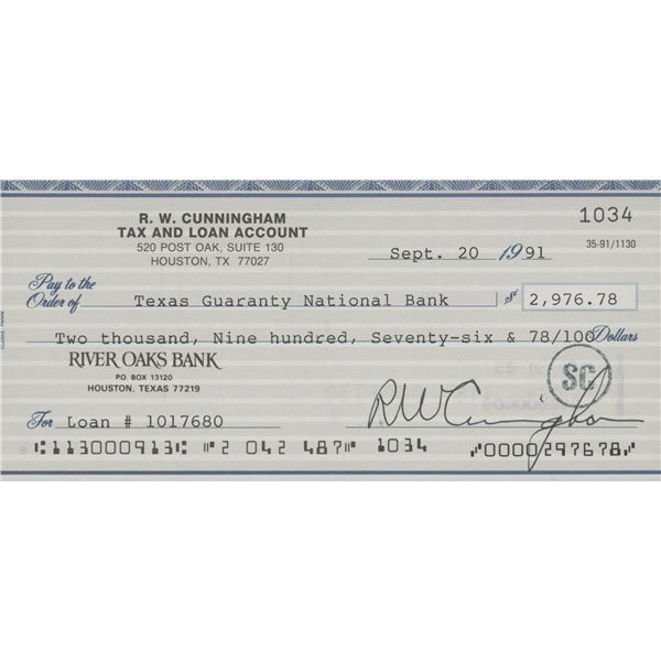 Apollo 7 Astronaut Walter Cunningham signed check