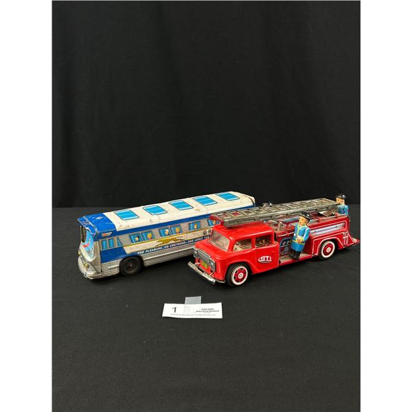 Lot of 2 1960s Japan Friction Toys Firetruck and Greyhound Bus