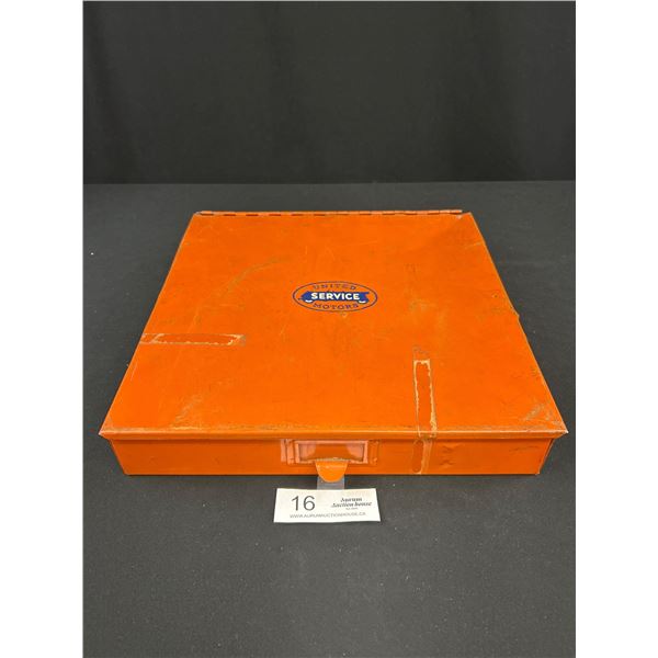 Vintage United Service Motors Metal Parts Box 12" x 12" x 2"