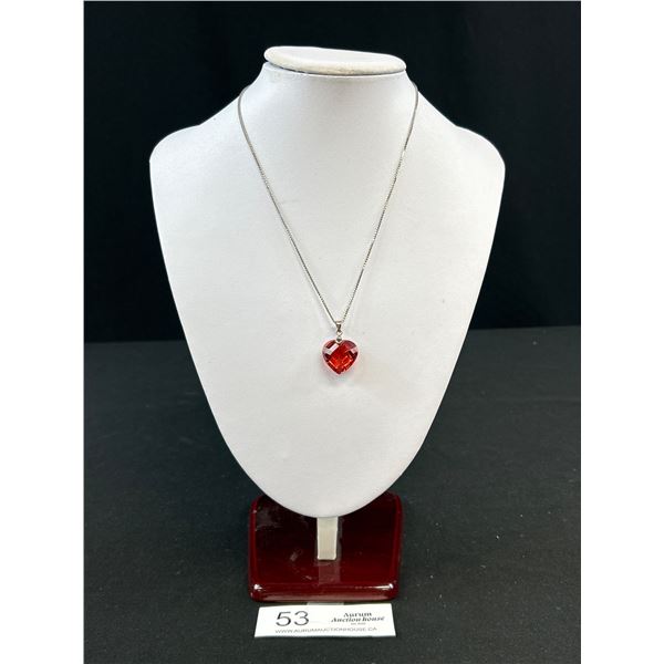 Very Nice Sterling Silver Necklace w/ Glass Heart Pendant Total Weight 11.5gr