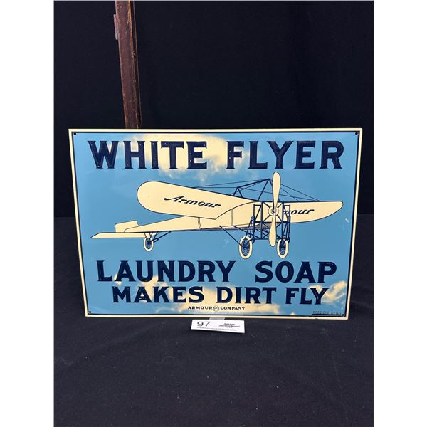 Vintage 14" x 10" White Flyer Laundry Soap Embossed Tin Sign, Armour and Company