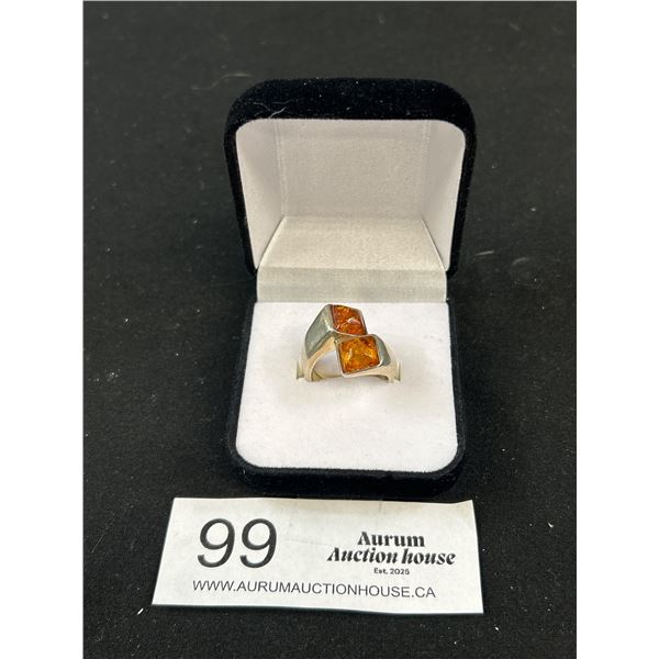 Interesting Vintage Silver Ring with 2 Amber Stones. Size 7