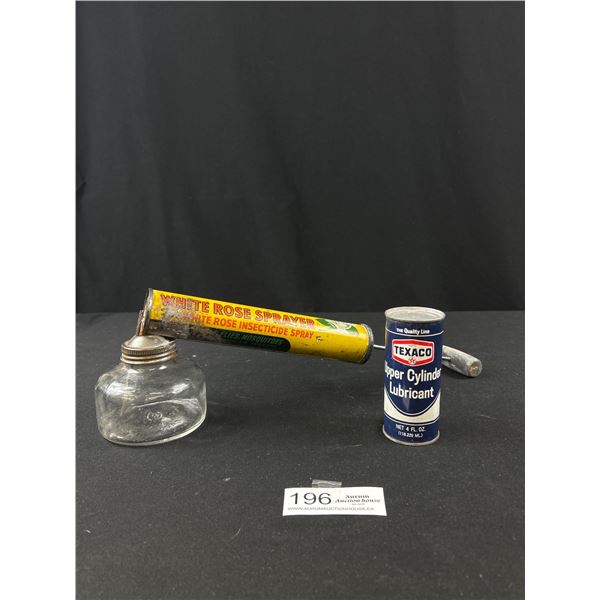 Vintage White Rose Insect Sprayer + Texaco 4oz Tin
