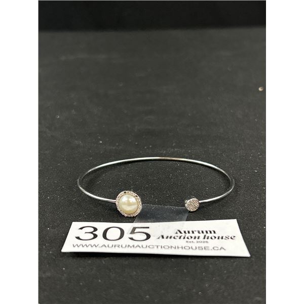 Sterling Silver w/ Genuine Pearls Open Cuff Bangle, Marked 925