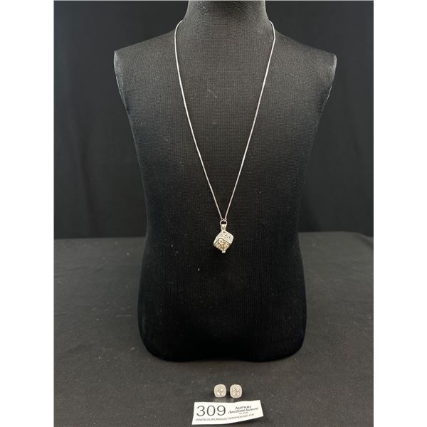 Silver Slider Chain w/ Filligree Pendant + Pair of CZ Stud Earrings