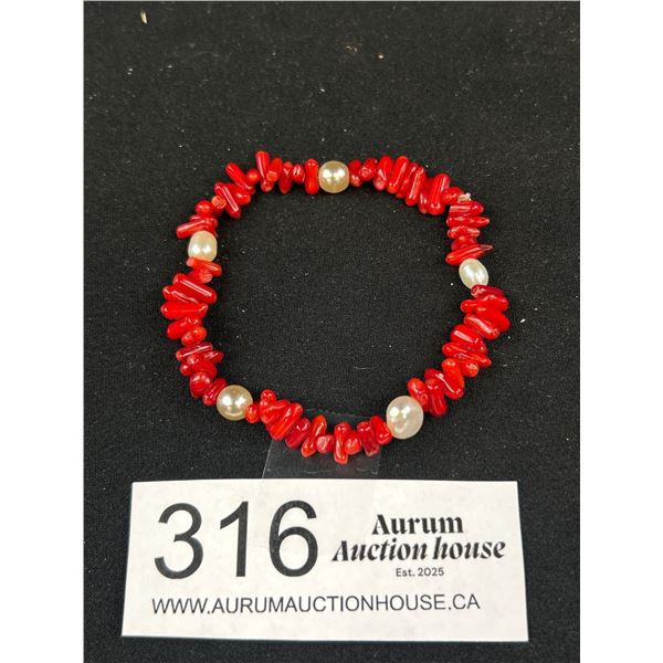 Genuine Dark Red Coral w/ Genuine Pearls Bracelet