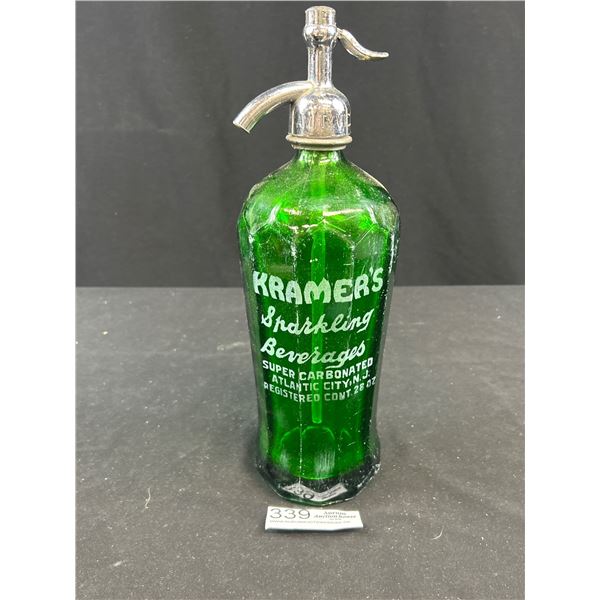 Vintage Kramers Sparkling Beverages Green Seltzer Bottle Atlantic City New Jersey