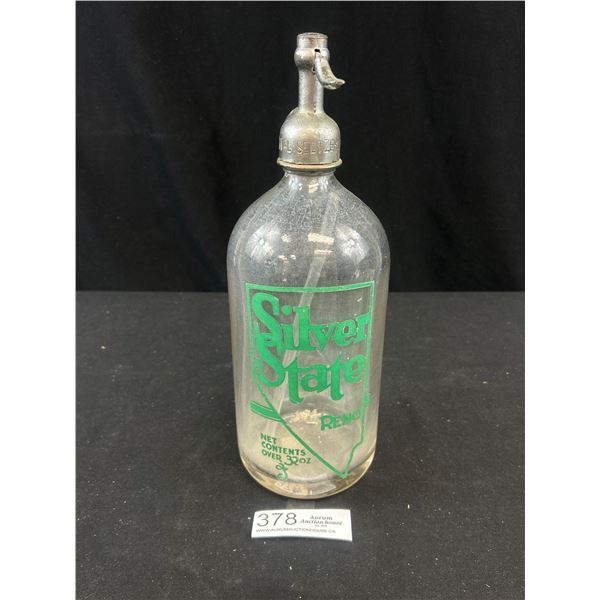 Silver State Reno Vintage Seltzer Bottle w/ Green Lettering