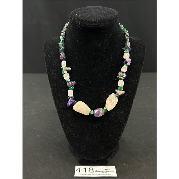 Natural Polished Gem Stones Necklace, Rose Quartz, Amethyst, Turquoise Etc