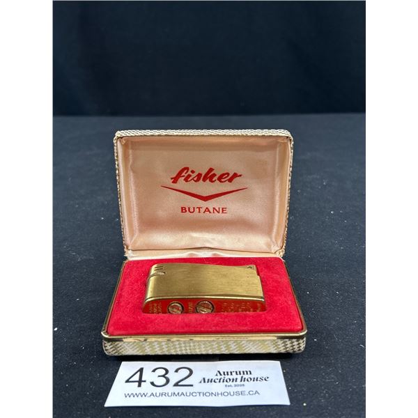 Vintage Gold Tone Fisher Butain Lighter in Original Box