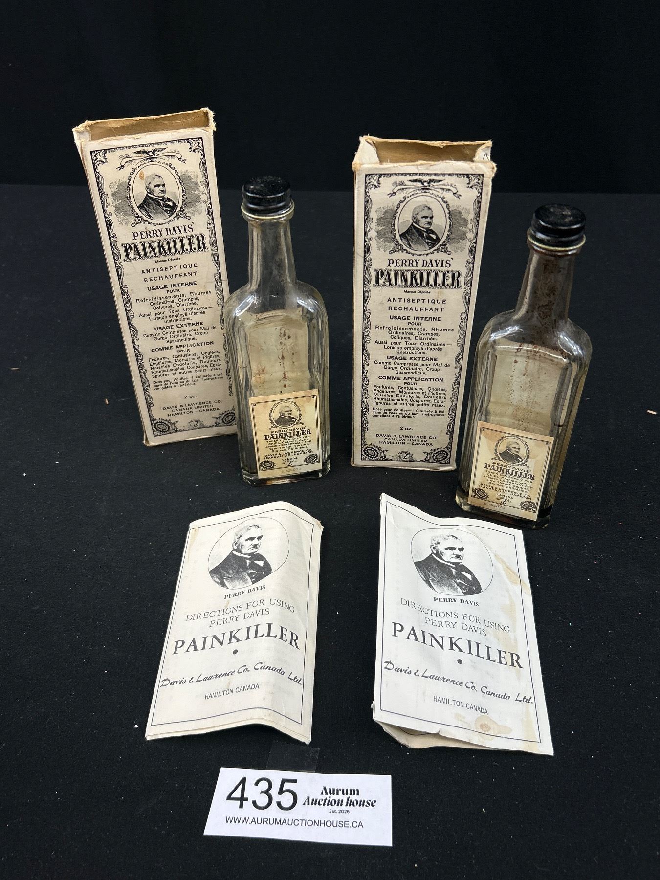 2 Antique Perry Davis Painkiller Bottles in Original Boxes, Great Display