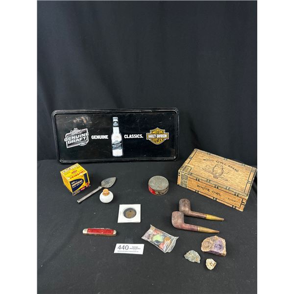 Old White Owl Cigar Box Filled w/ Misc Collectibles and Harley Davidson Miller Draft Tin Sign