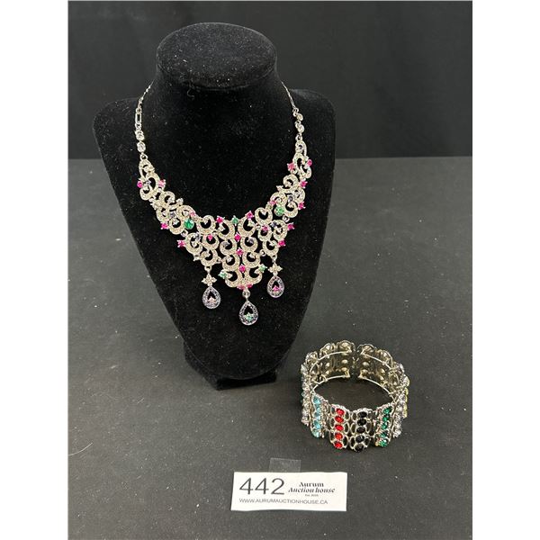 Vintage Rhinestones Necklace + Open Cuff Bangle