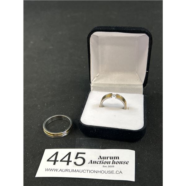 2 Stainless Steel Gold Rim Ring Bands, Each Set w/ CZ Stones, Never Been Used Sizes 8 + 10