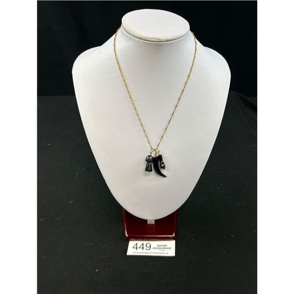 Gold Sterling Silver Chain, Marked 925 w/ Old Hand Carved Genuine Black Coral Pendants