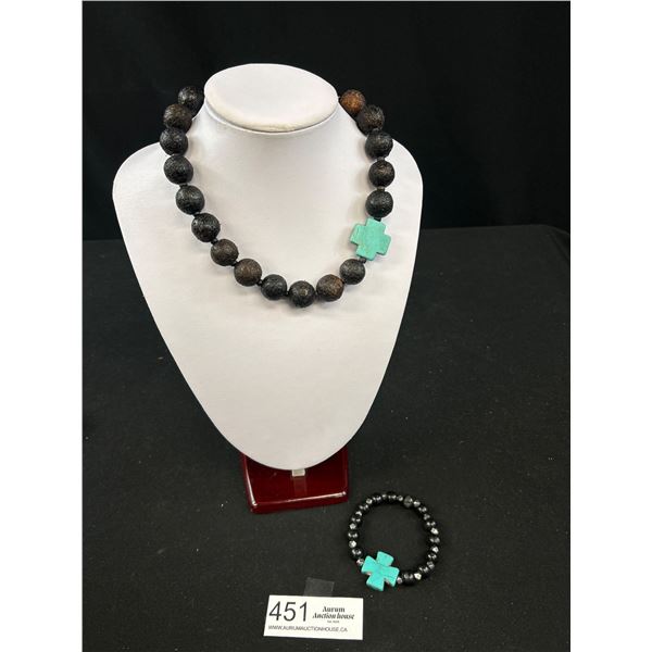 Wood, Lava + Turqouise Necklace + Bracelet Set