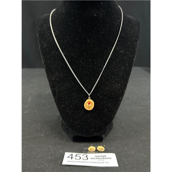 Vintage Handpainted Mammoth Ivory Pendant w Chain + Pair of Scrimshaw  Mammoth Ivory Earrings