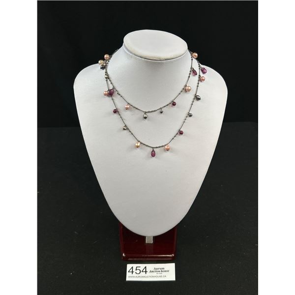 Vintage Silver w/ Dangling Pearls + Beads Necklace, Extra Length 30"