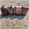 Image 1 : Texaco bucket of varsol and oil bucket partially filled and 2 vintage motor oil cans