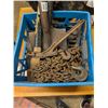 Image 1 : Blue Crate Full of Chains, Hooks, Shovel Heads, head rakes, and etc.)