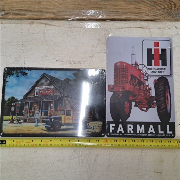 2- 11.5" tin garage signs- farmall tractor and coca cola