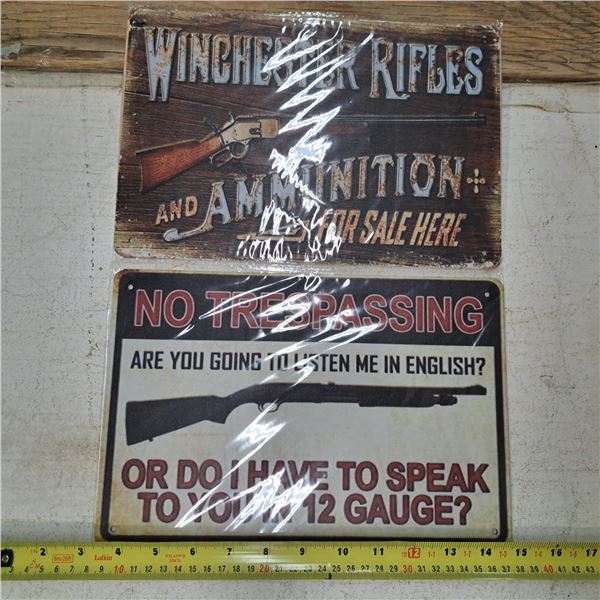 2- 11.5" tin garage signs- speak 12ga and winchester