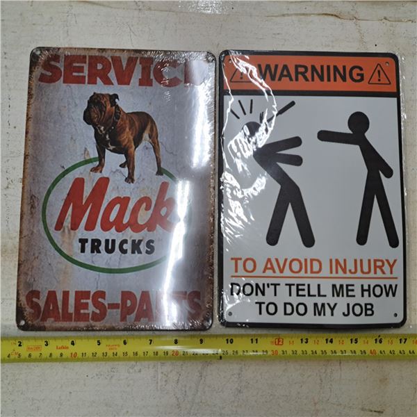 2- 11.5" tin garage signs- avoid injury and mac trucks